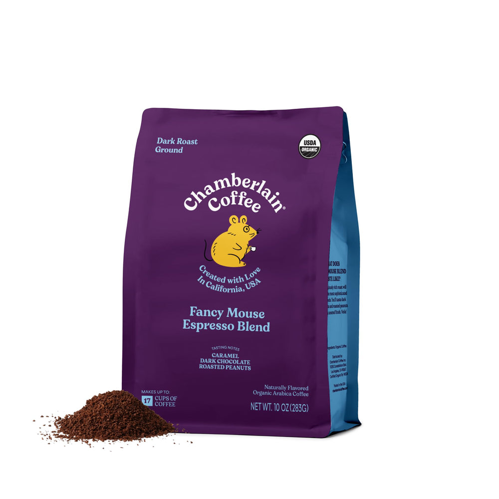 Chamberlain Coffee Organic Espresso Dark Roast ground bag highlighting rich notes for daily sipping