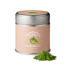 Chamberlain Coffee Vanilla Matcha powder in a cup, perfect for a creamy vanilla latte.