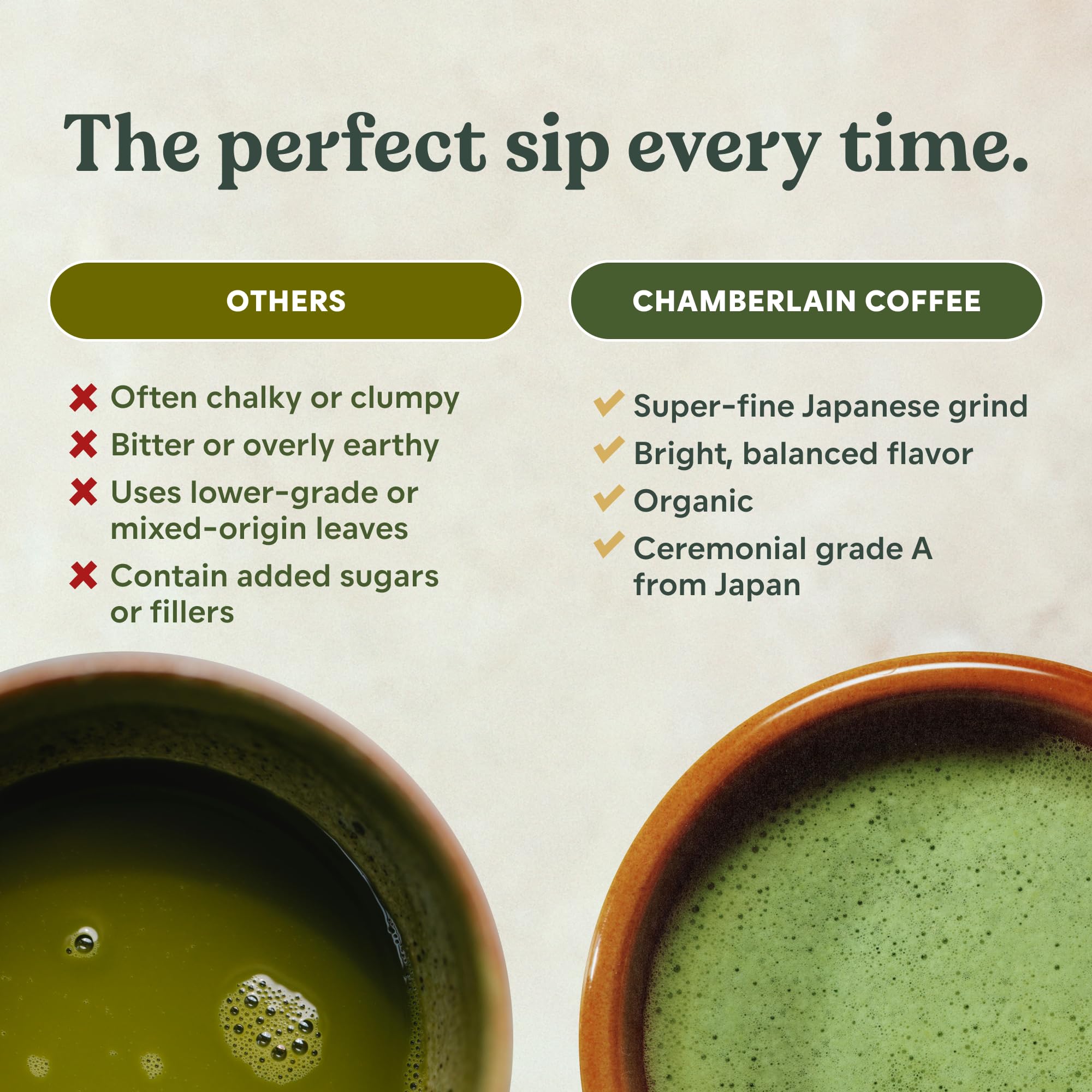 First harvest ceremonial grade label on Chamberlain Coffee Vanilla Matcha tin.
