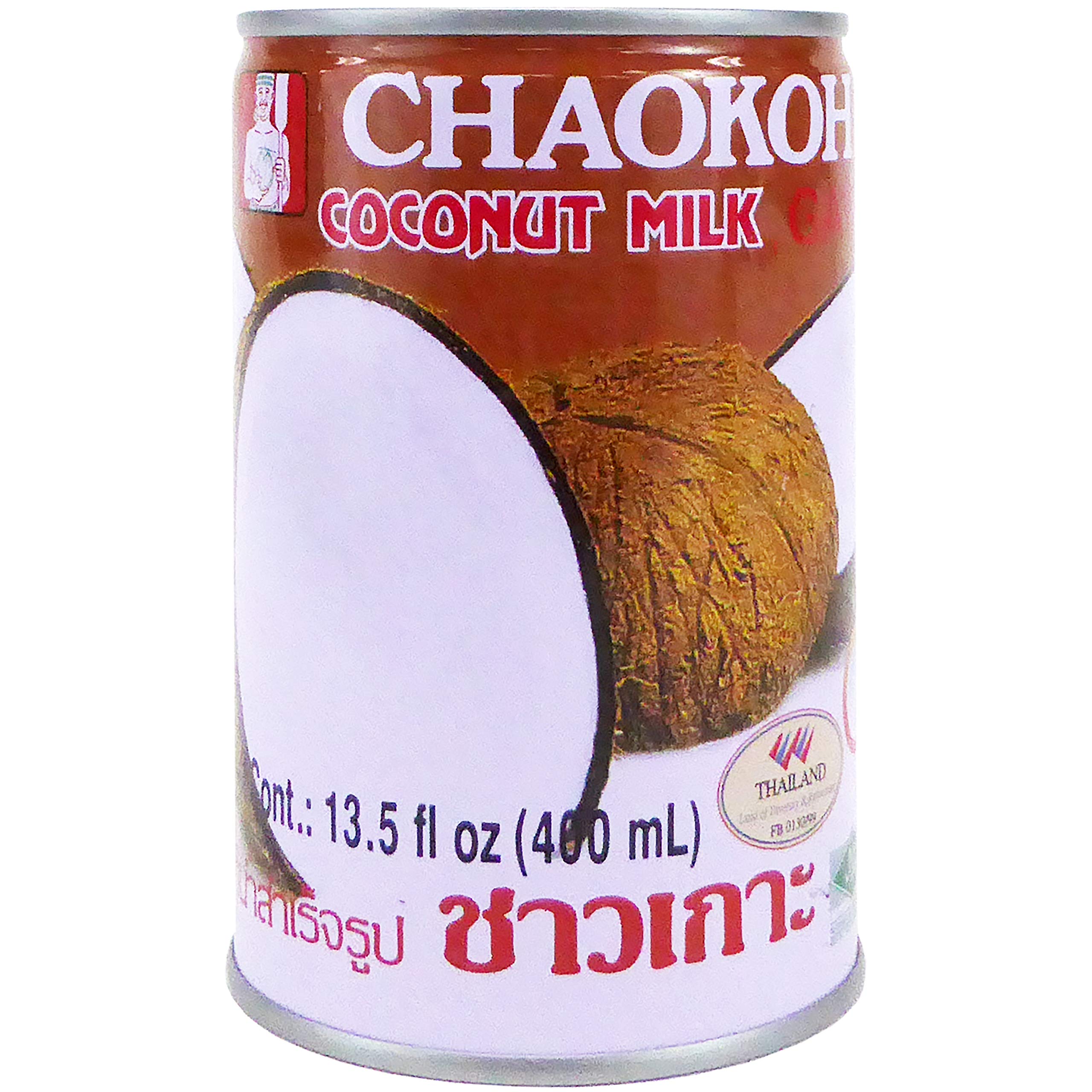 Chaokoh Coconut Milk Unsweetened front label, premium Thai milk ideal for curries