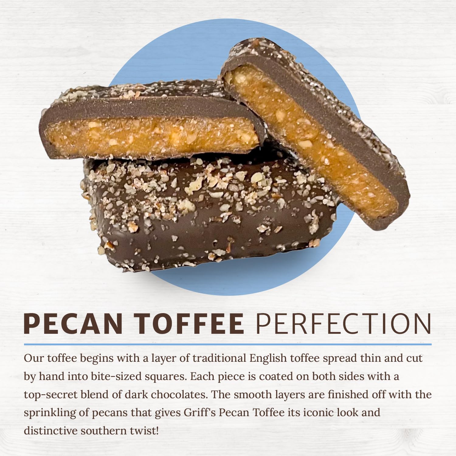 Chapel Hill Toffee ingredients pecan and chocolate highlighting quality nuts and dark chocolate