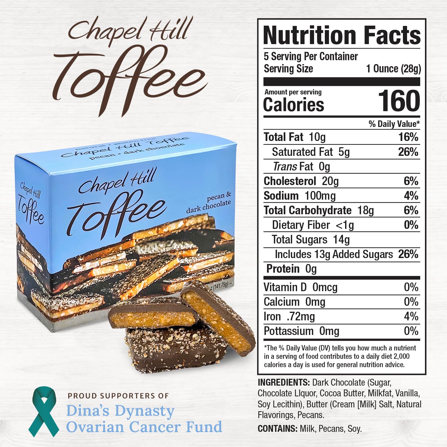 Close-up of Chapel Hill Toffee square with pecans and chocolate, premium look