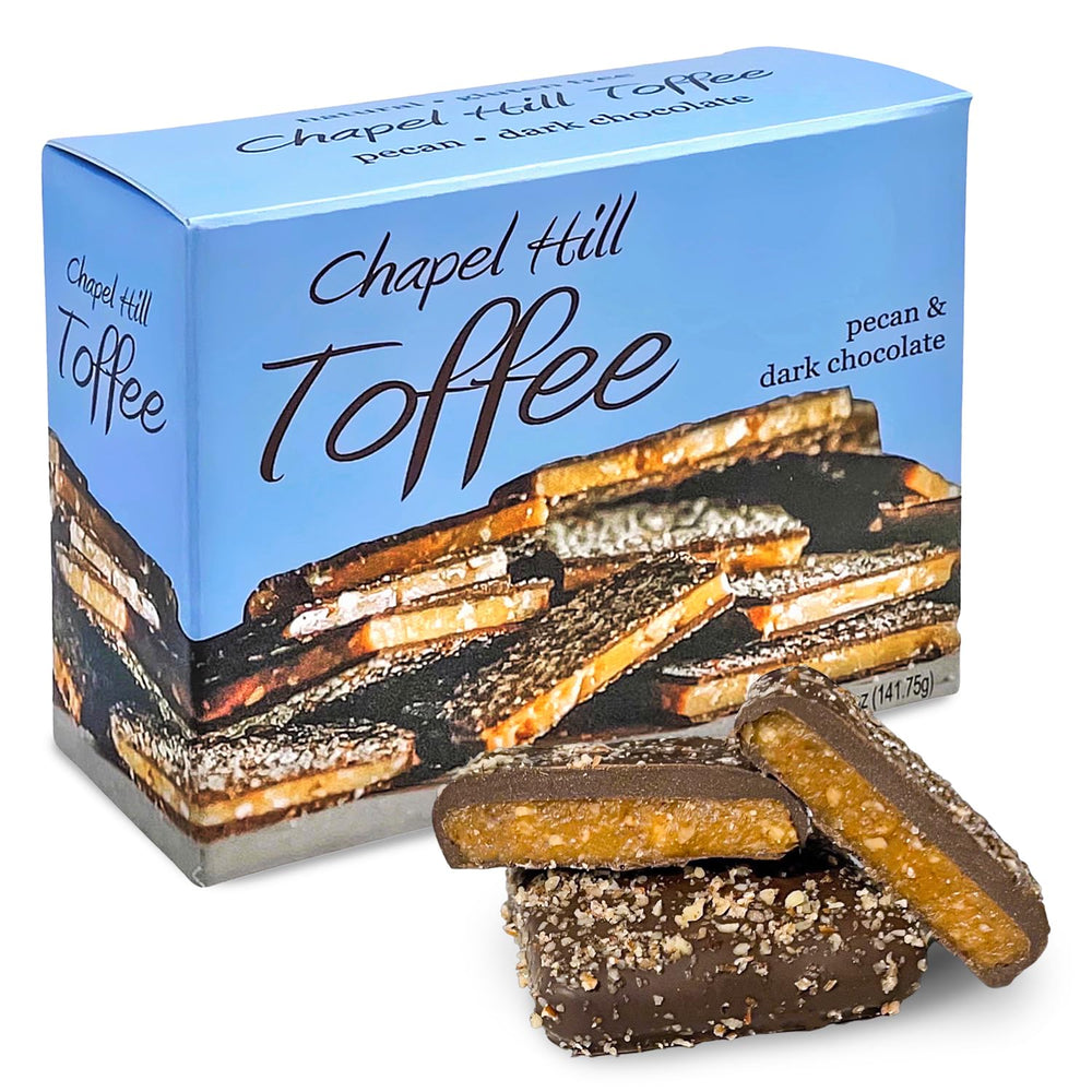 Chapel Hill Toffee box showing pecan and dark chocolate squares, ideal for gifting