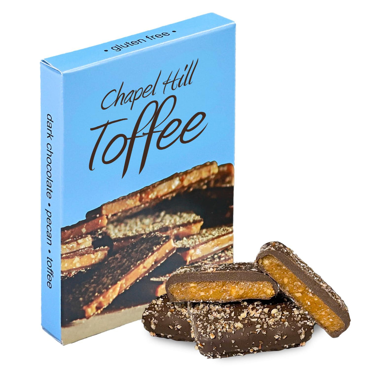 Chapel Hill Toffee pecan dark chocolate square with rich flavor and gluten-free promise