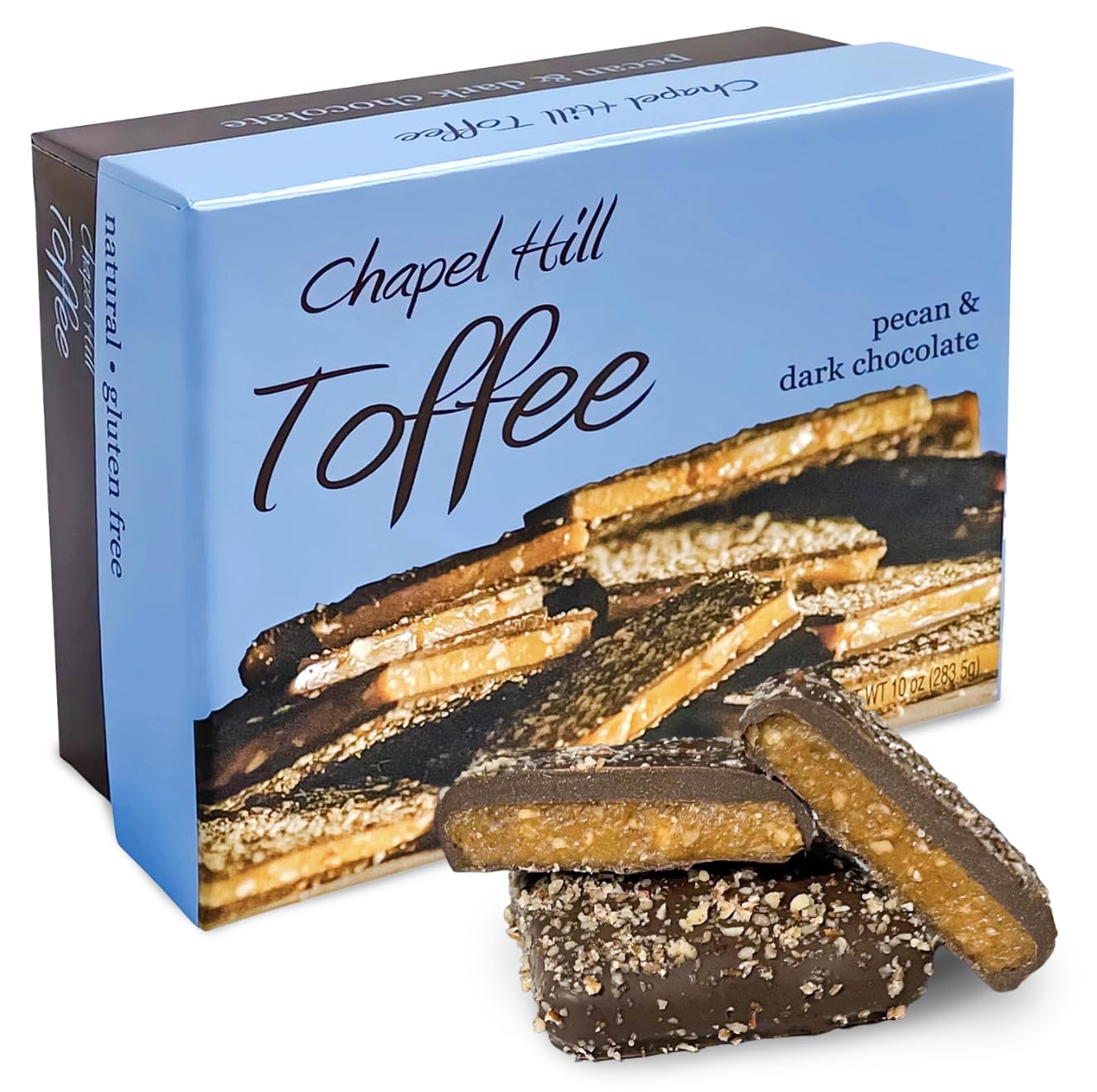 Chapel Hill Toffee pecan-dark chocolate toffee close-up, a luxurious dessert treat.