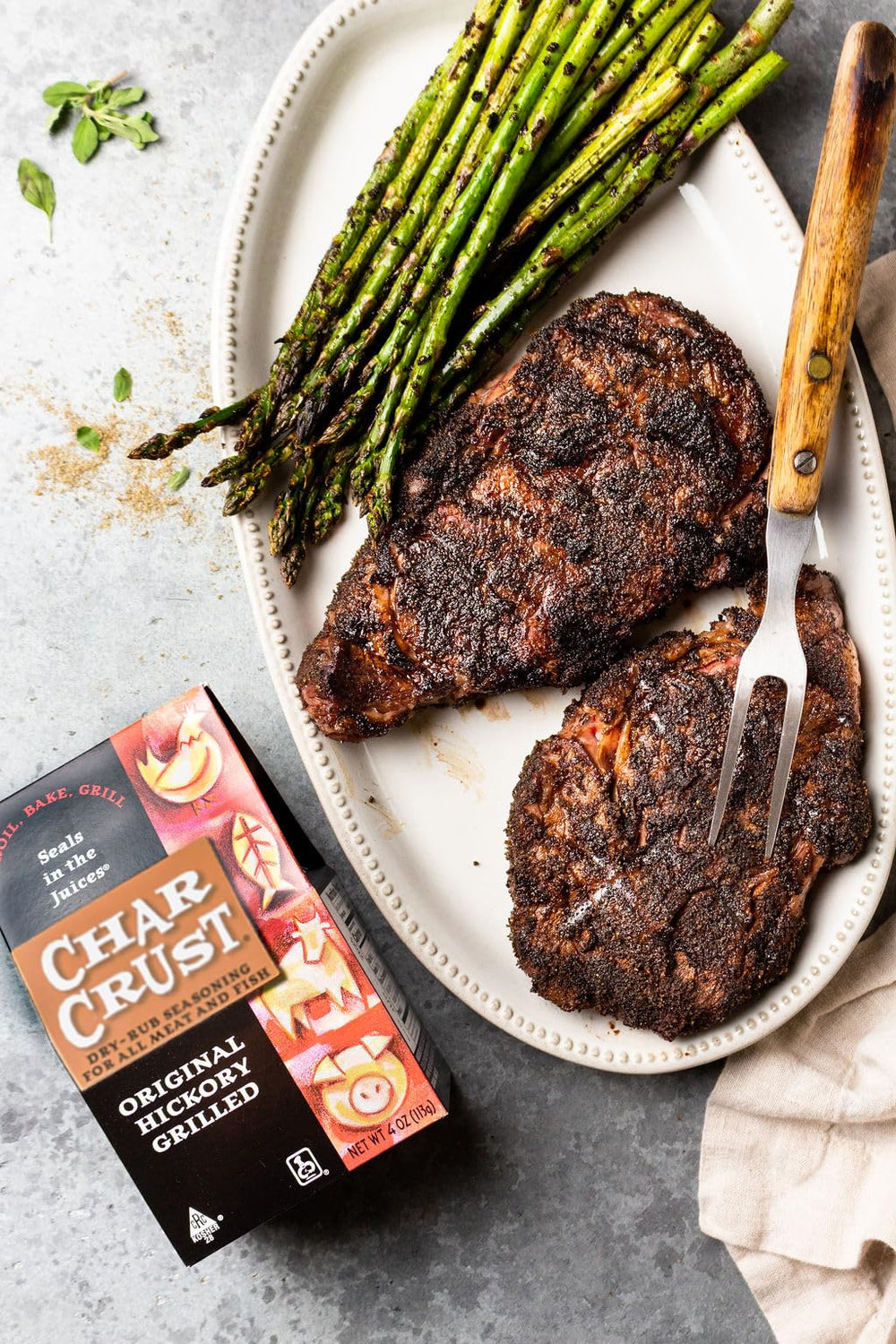 Char Crust Original Hickory on beef steak plate for juicy, enhanced flavor.