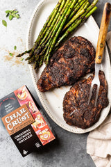 Char Crust Original Hickory on beef steak plate for juicy, enhanced flavor.