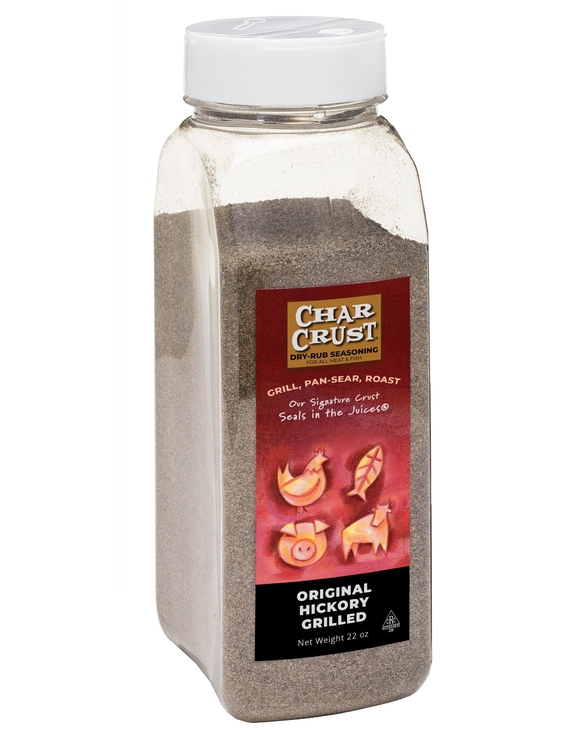 Char Crust Original Hickory bottle front, all-in-one seasoning for flavorful steaks.
