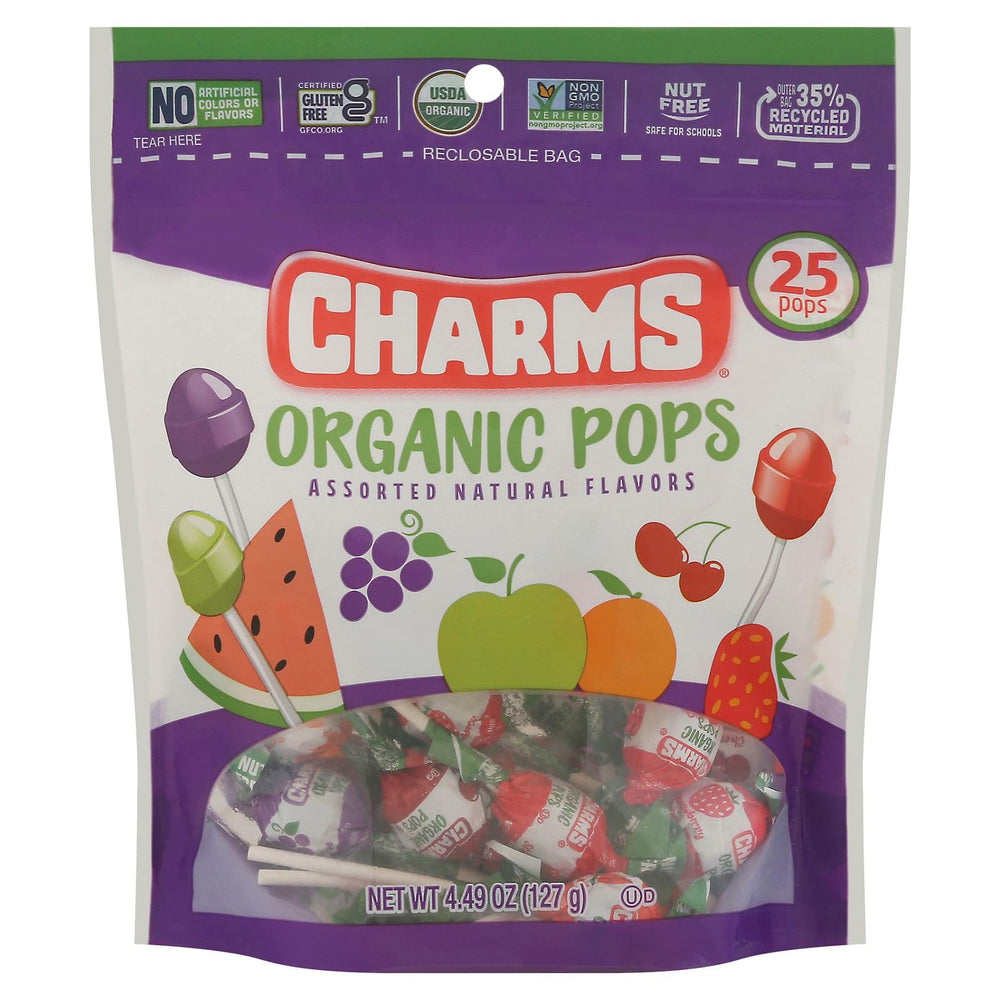 Charms assorted organic pops bag with six flavors, gluten-free and school-safe snack.