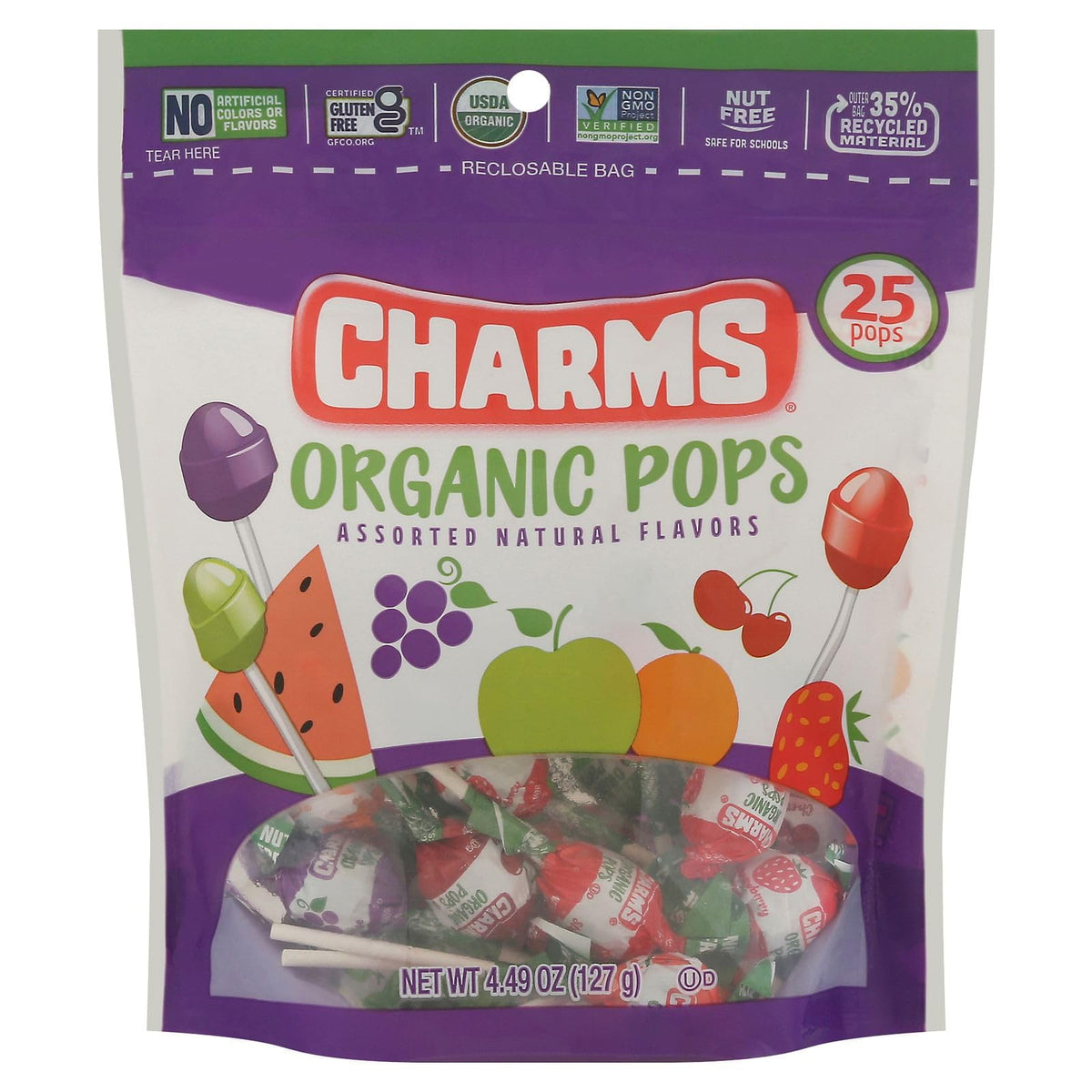 Charms assorted organic pops bag with six flavors, gluten-free and school-safe snack.