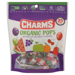 Charms assorted organic pops bag with six flavors, gluten-free and school-safe snack.