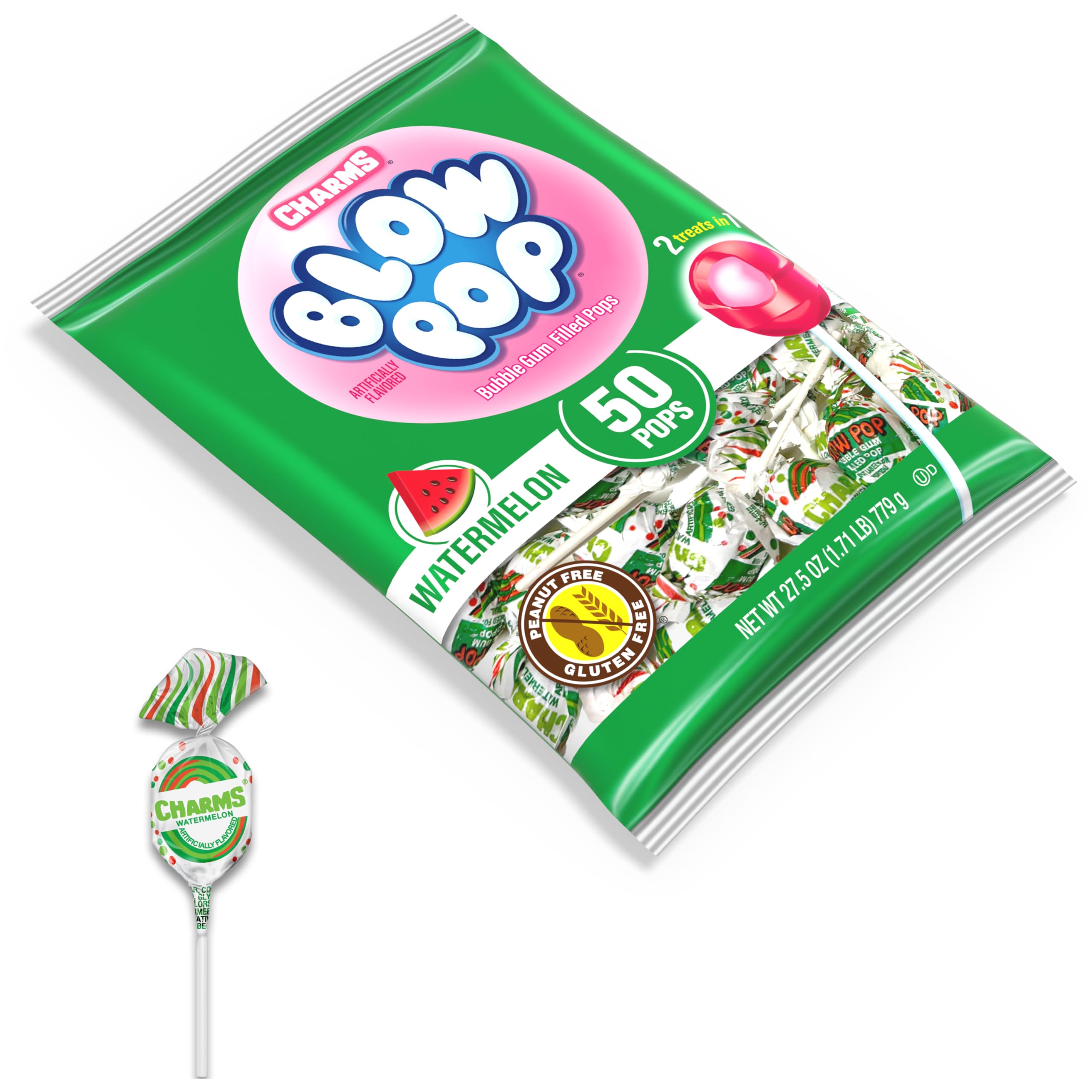 Charms Blow Pop watermelon candy shell close-up with pink color