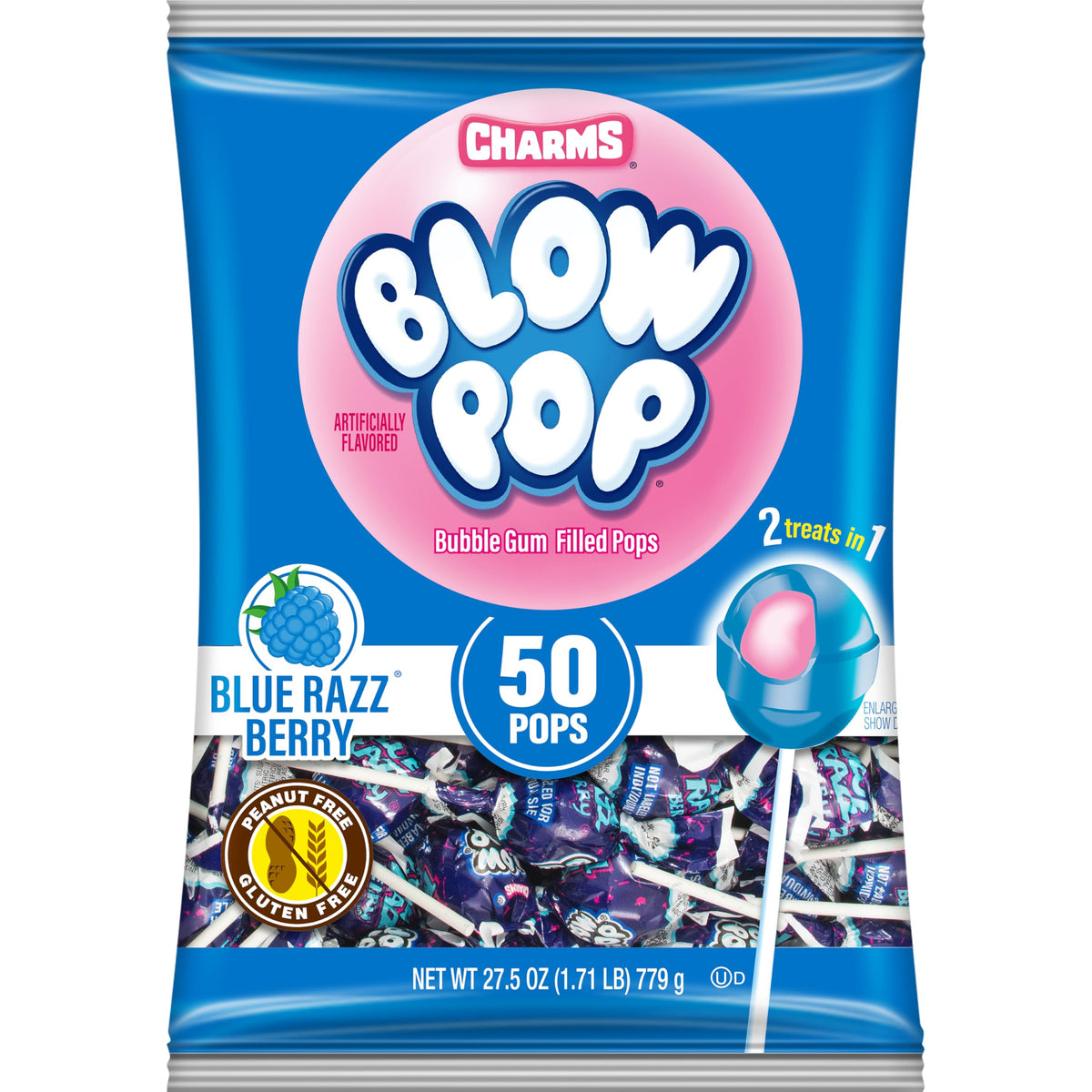 Charms Blow Pops blue raspberry shell for a fruity bite with gum center.