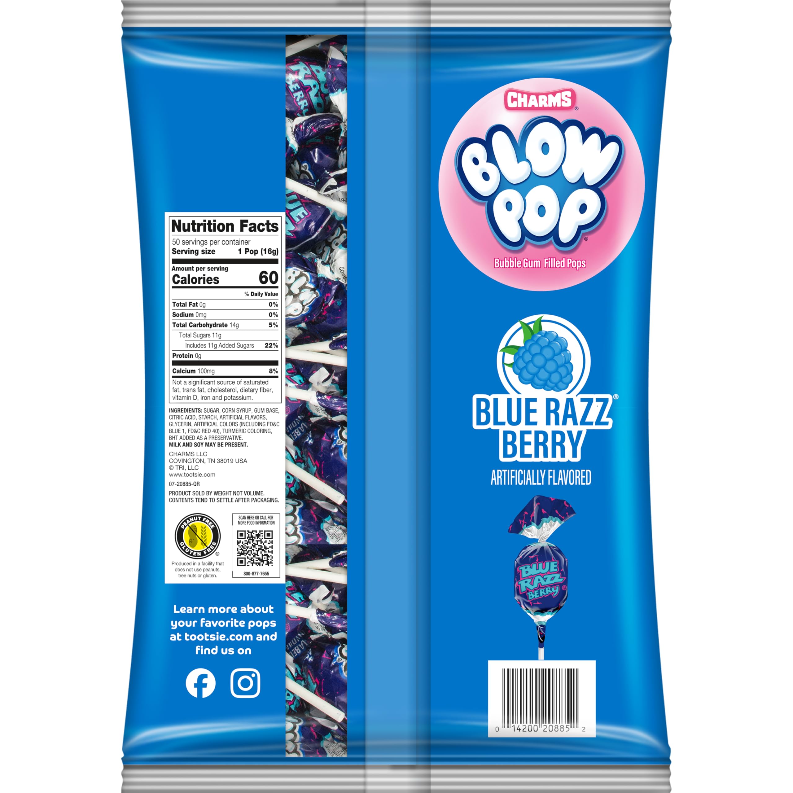 Charms Blow Pops bubble gum center provides a playful texture experience.