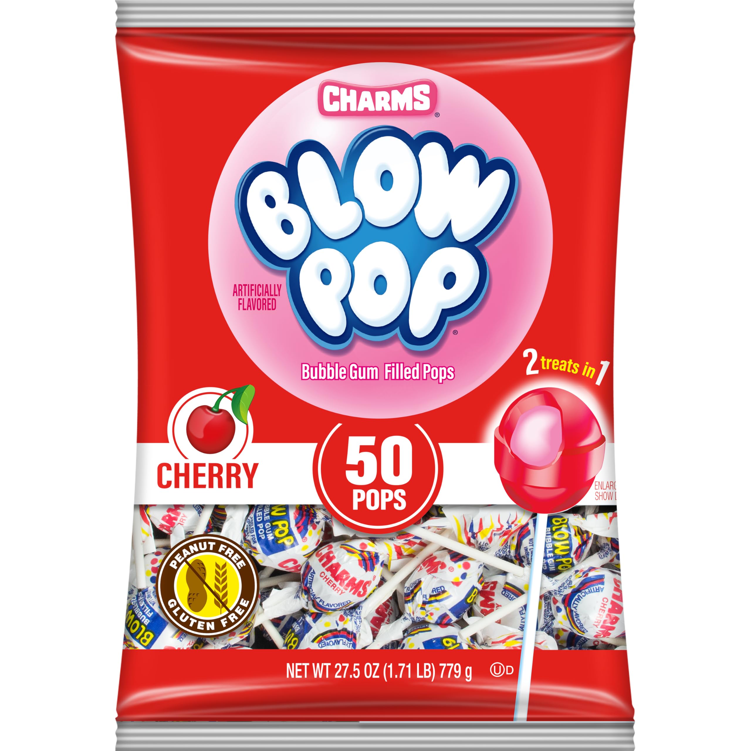 Charms Blow Pops cherry shell with gum center, a classic dual treat.