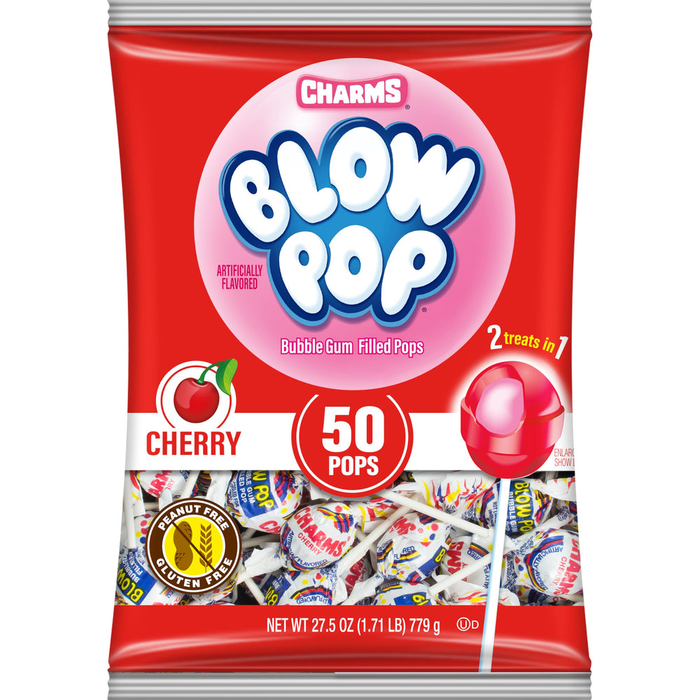 Charms Blow Pops cherry shell with gum center, a classic dual treat.