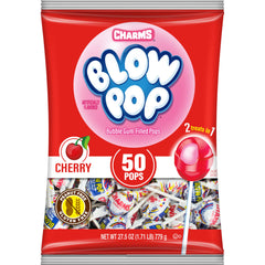 Charms Blow Pops cherry shell with gum center, a classic dual treat.