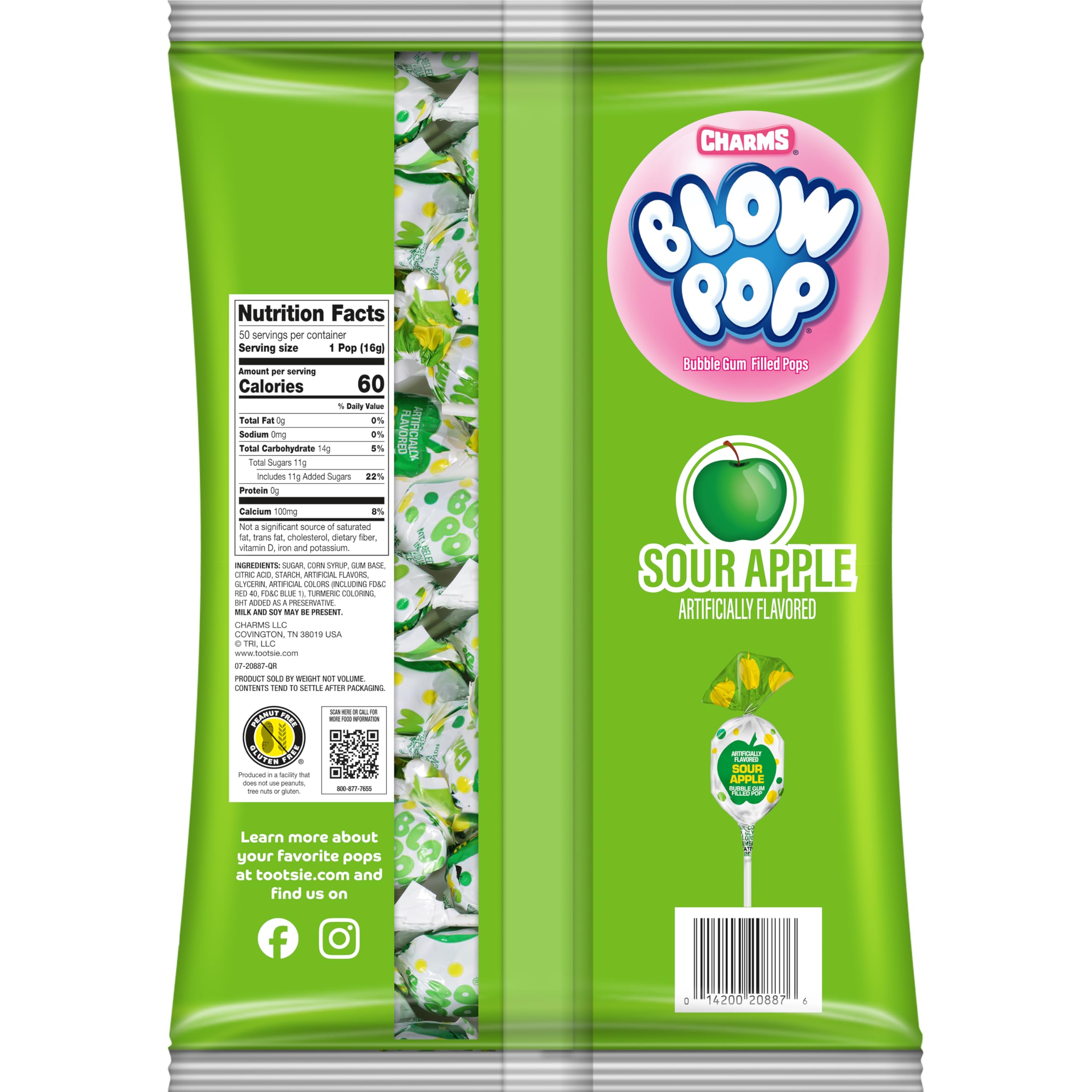 Charms Blow Pops Sour Apple center, chewy bubble gum contrast for a playful treat.