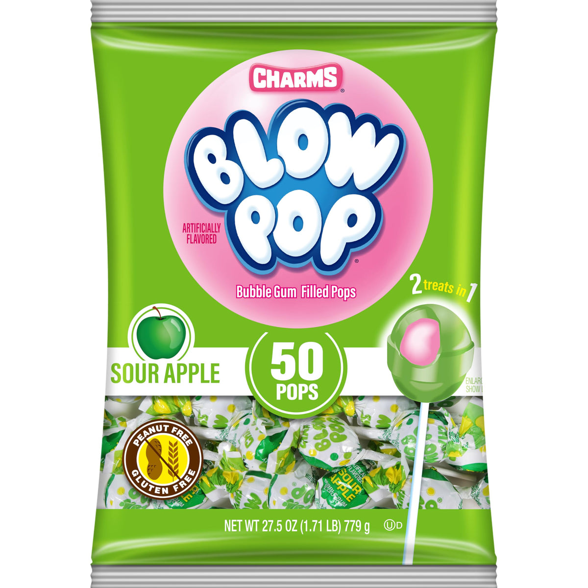 Charms Blow Pops Sour Apple shell, vibrant fruit flavor for on-the-go snacking.