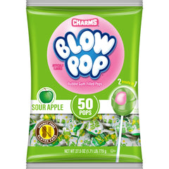 Charms Blow Pops Sour Apple shell, vibrant fruit flavor for on-the-go snacking.