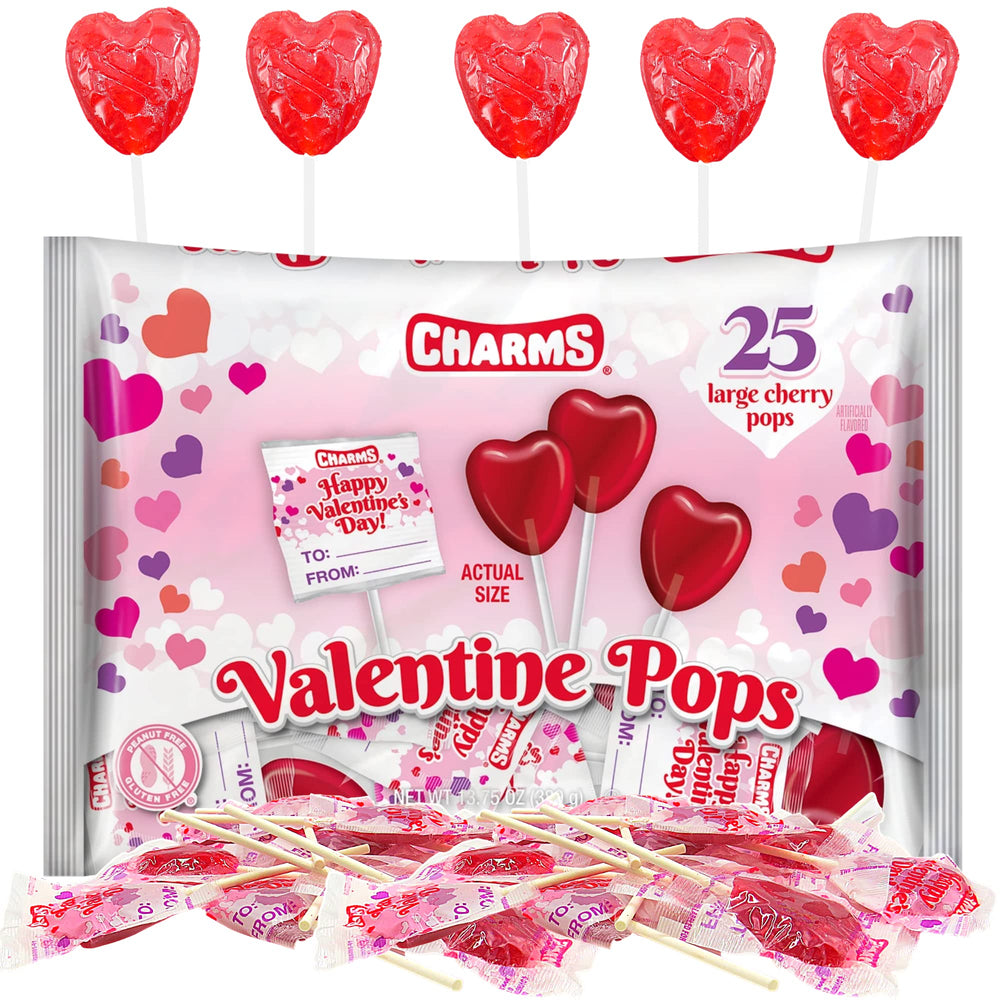 Charms heart-shaped Valentine lollipops ready for classroom exchanges