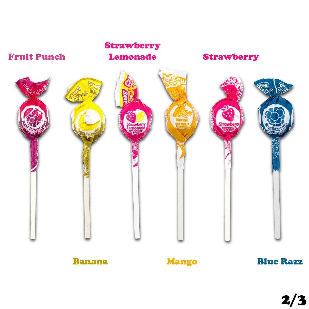 Charms Mini Pops party-favor setup with assorted flavors and resealable bag