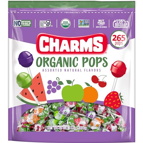 Charms Organic Pops Orange lollipops in resealable bag; naturally flavored and gluten-free.