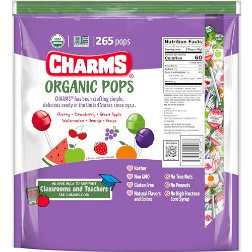 Charms Organic Pops Strawberry flavor lollipops in resealable bag; naturally flavored and dye-free.