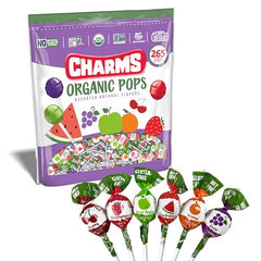 Charms Organic Pops Watermelon lollipops in resealable bag; dye-free color and natural flavors.