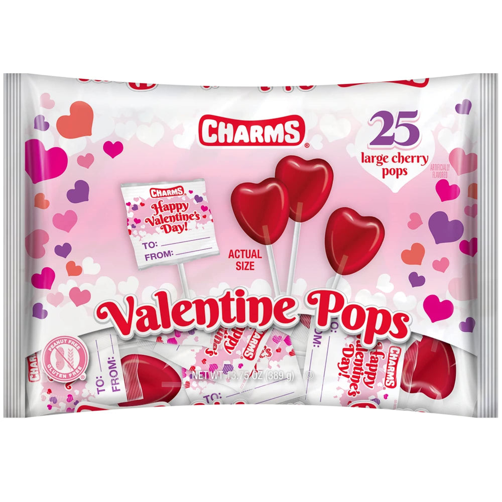 Charms heart-shaped candy in a festive valentine-themed bag, great for gifting