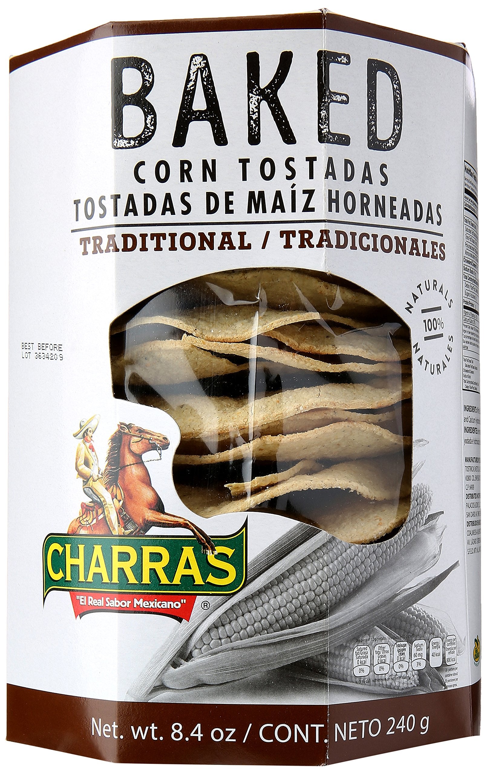 Charras Tostada Natural Baked pack shot highlights premium ingredients and texture.