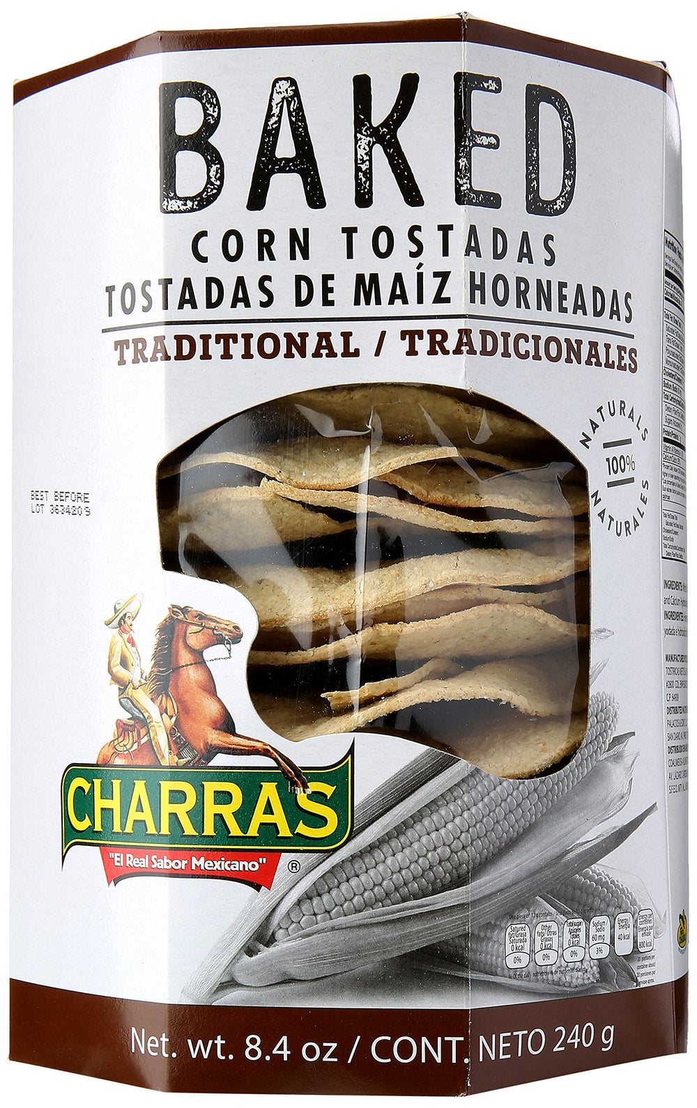 Charras Tostada Natural Baked pack shot highlights premium ingredients and texture.