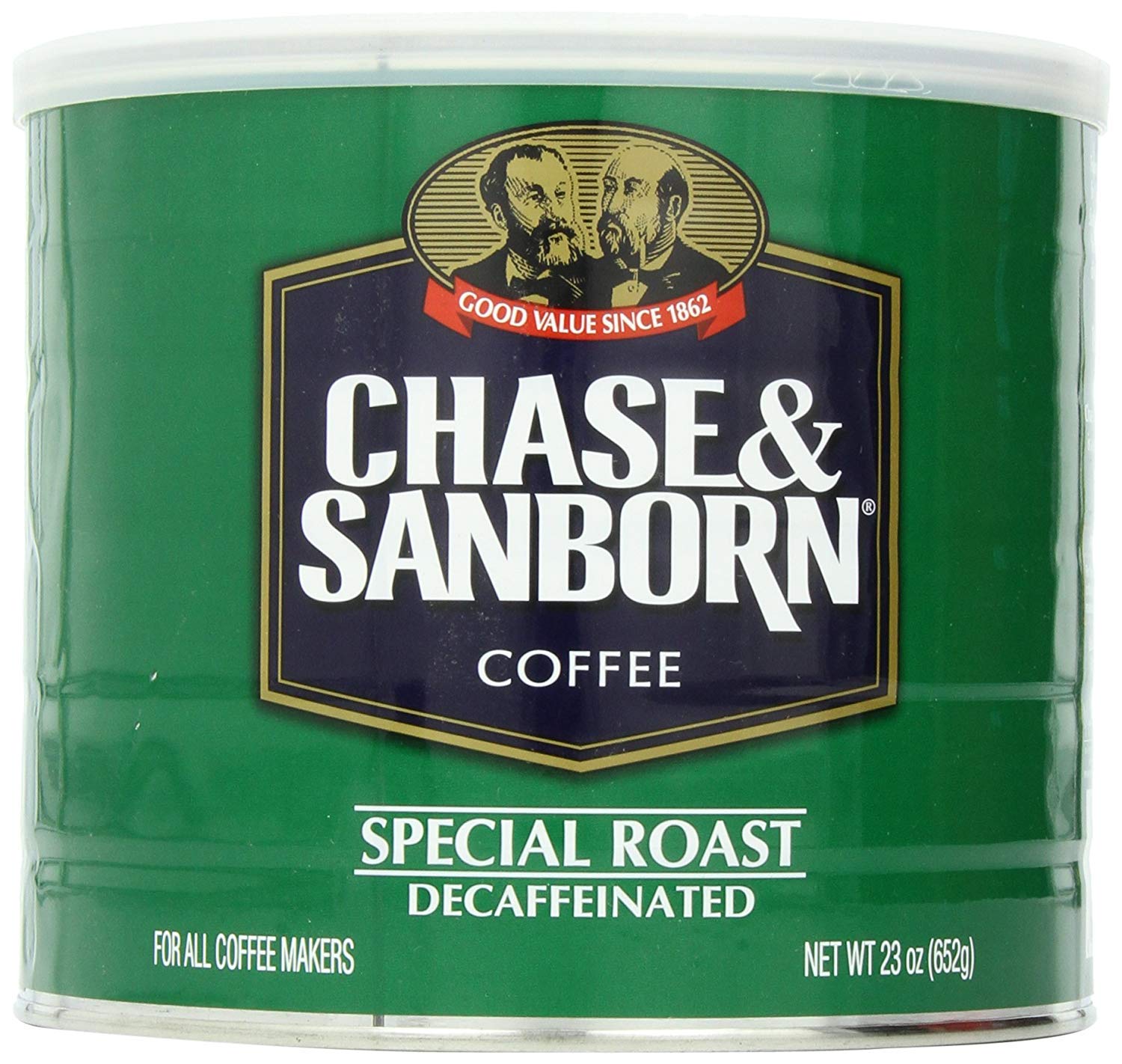Chase & Sanborn Special Roast Decaf coffee can on shelf, recyclable packaging.