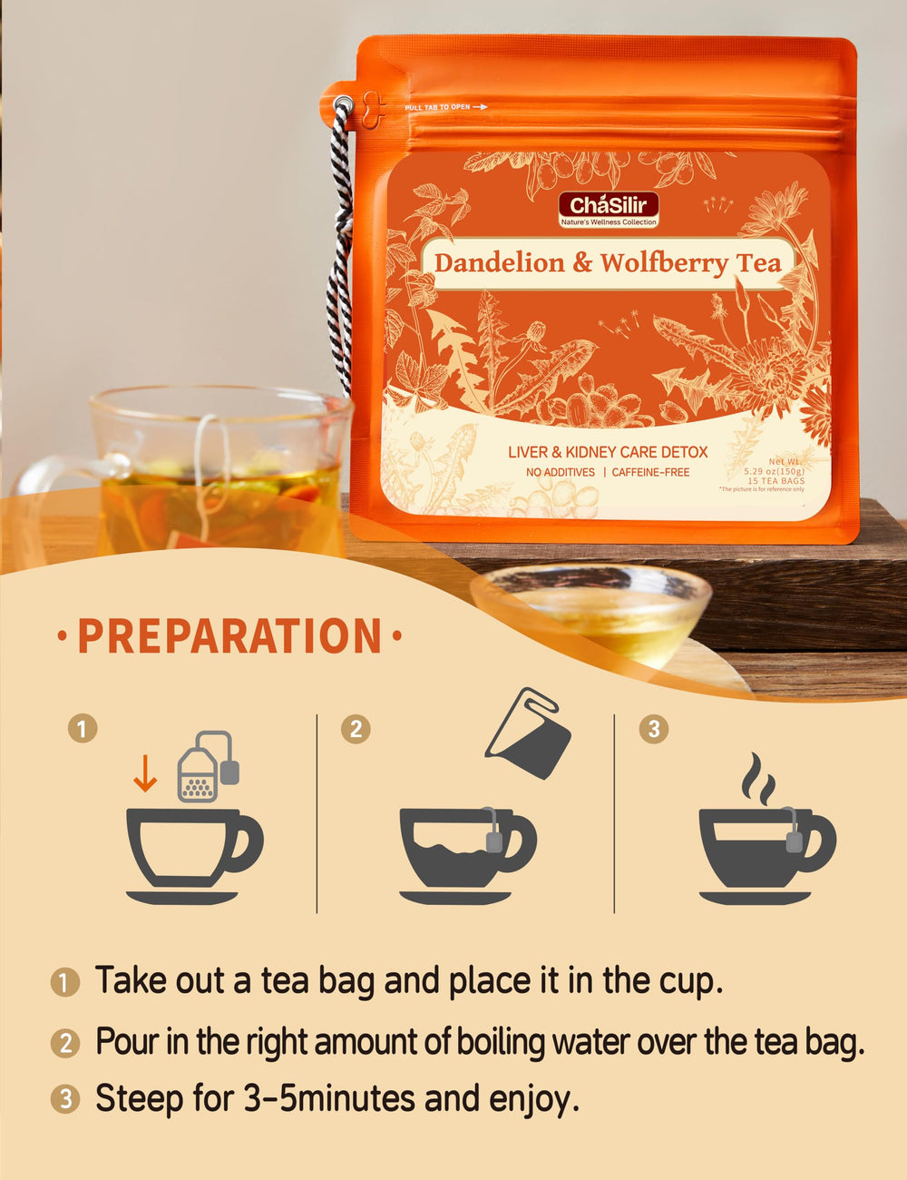 ChaSilir hot detox tea releases earthy aroma with a balanced finish.