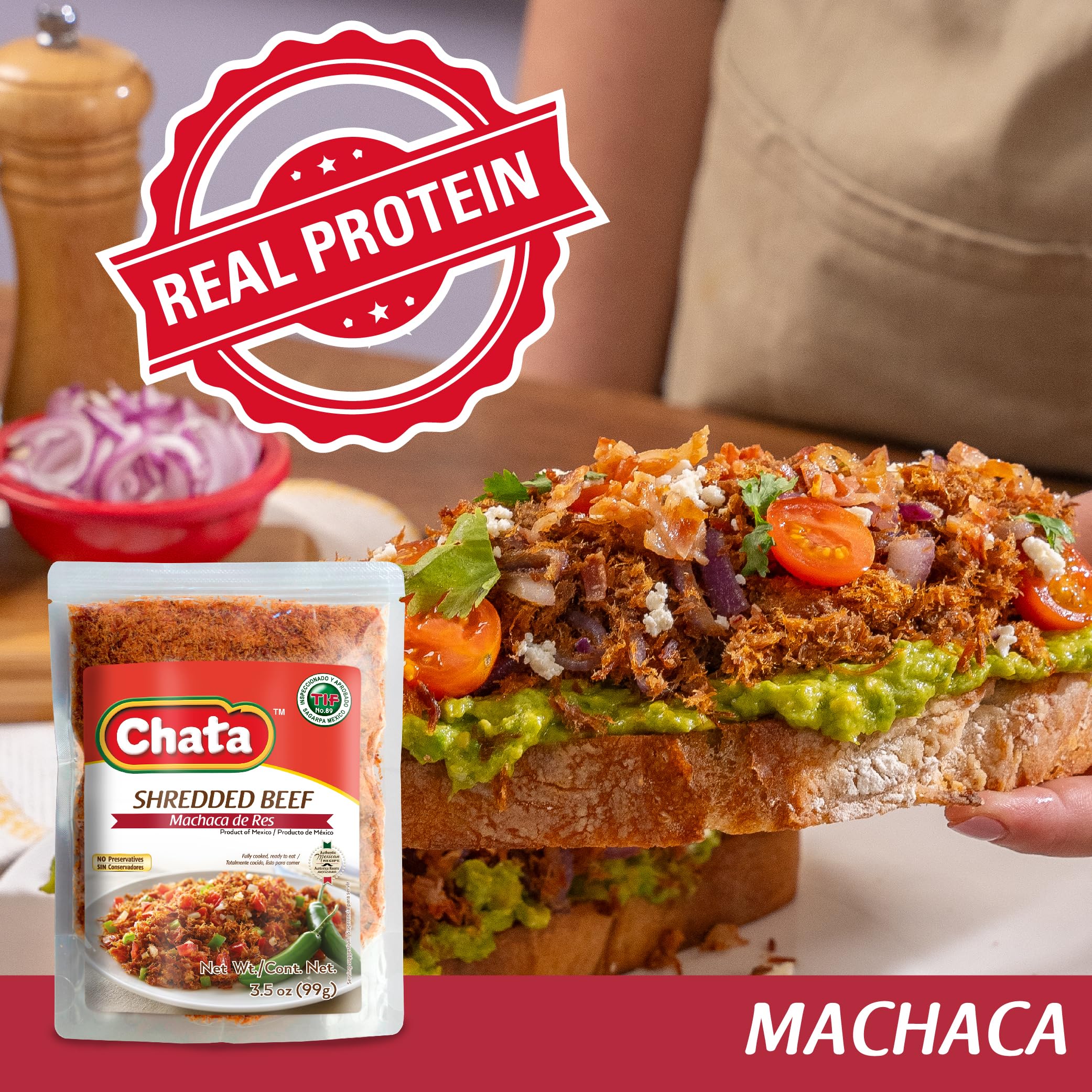 Chata Machaca Res enchiladas fill ready to heat and serve with sides.