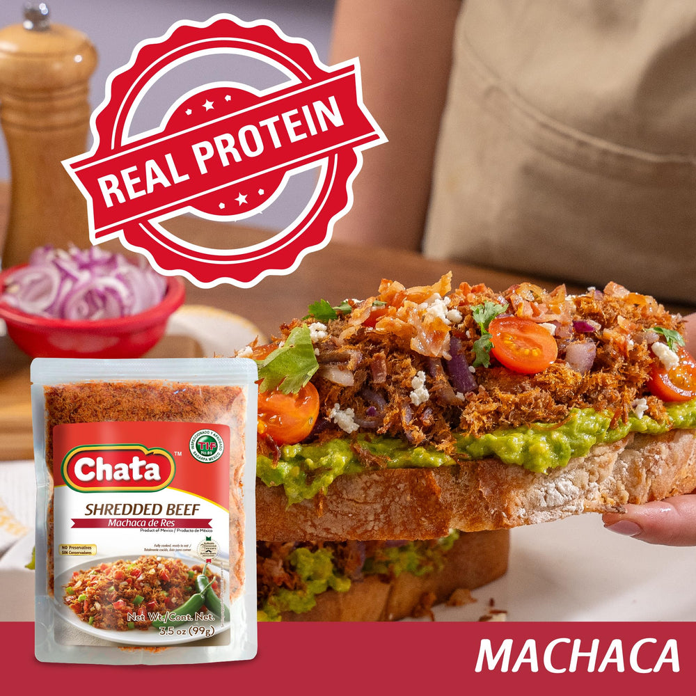 Chata Machaca Res enchiladas fill ready to heat and serve with sides.