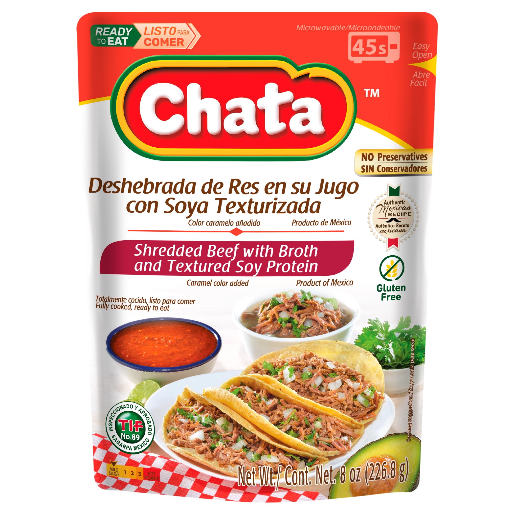Chata Mexican Shredded Beef in a microwave-ready pouch for quick meals.