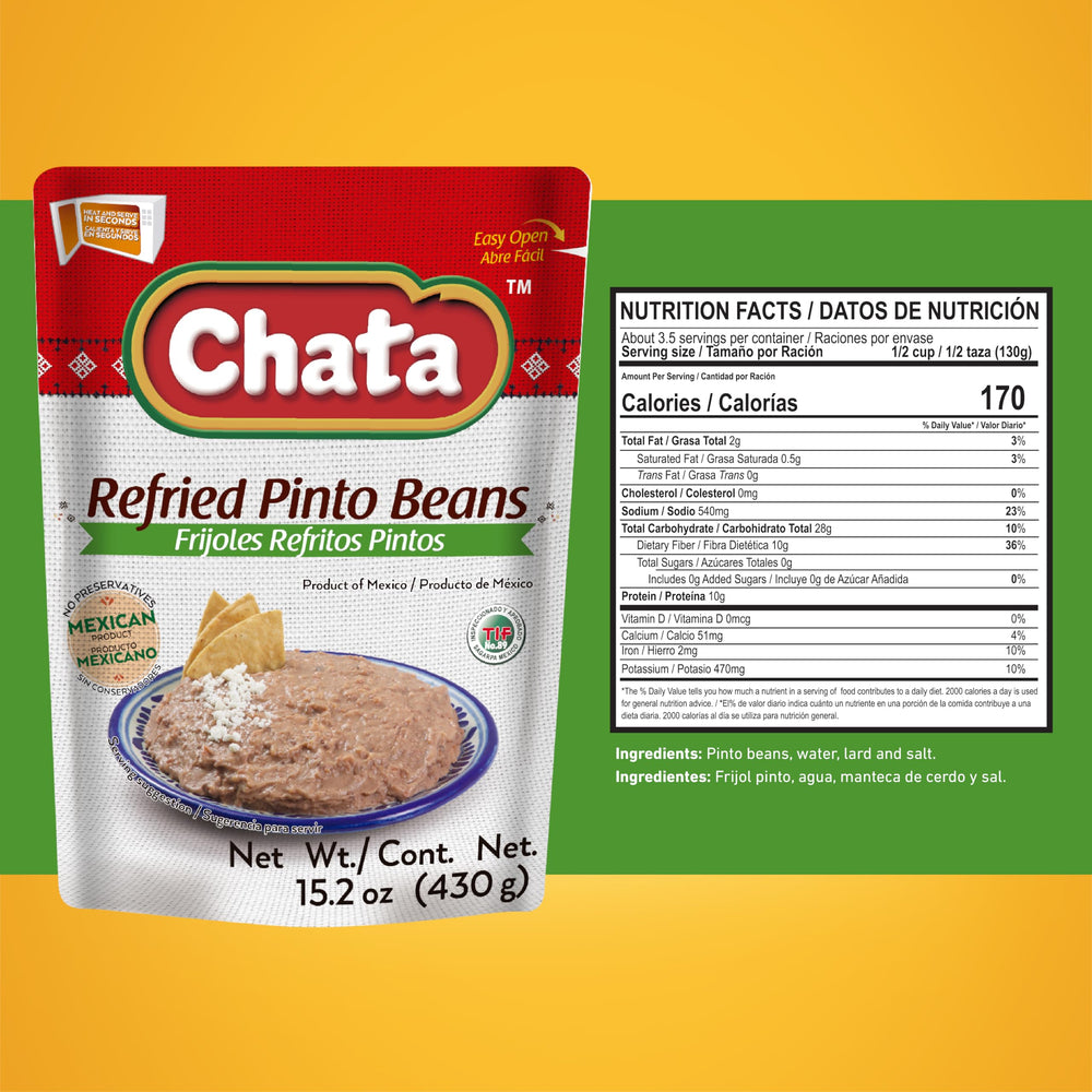 Chata refried pinto beans close-up spoon, creamy texture ideal for quick sides.