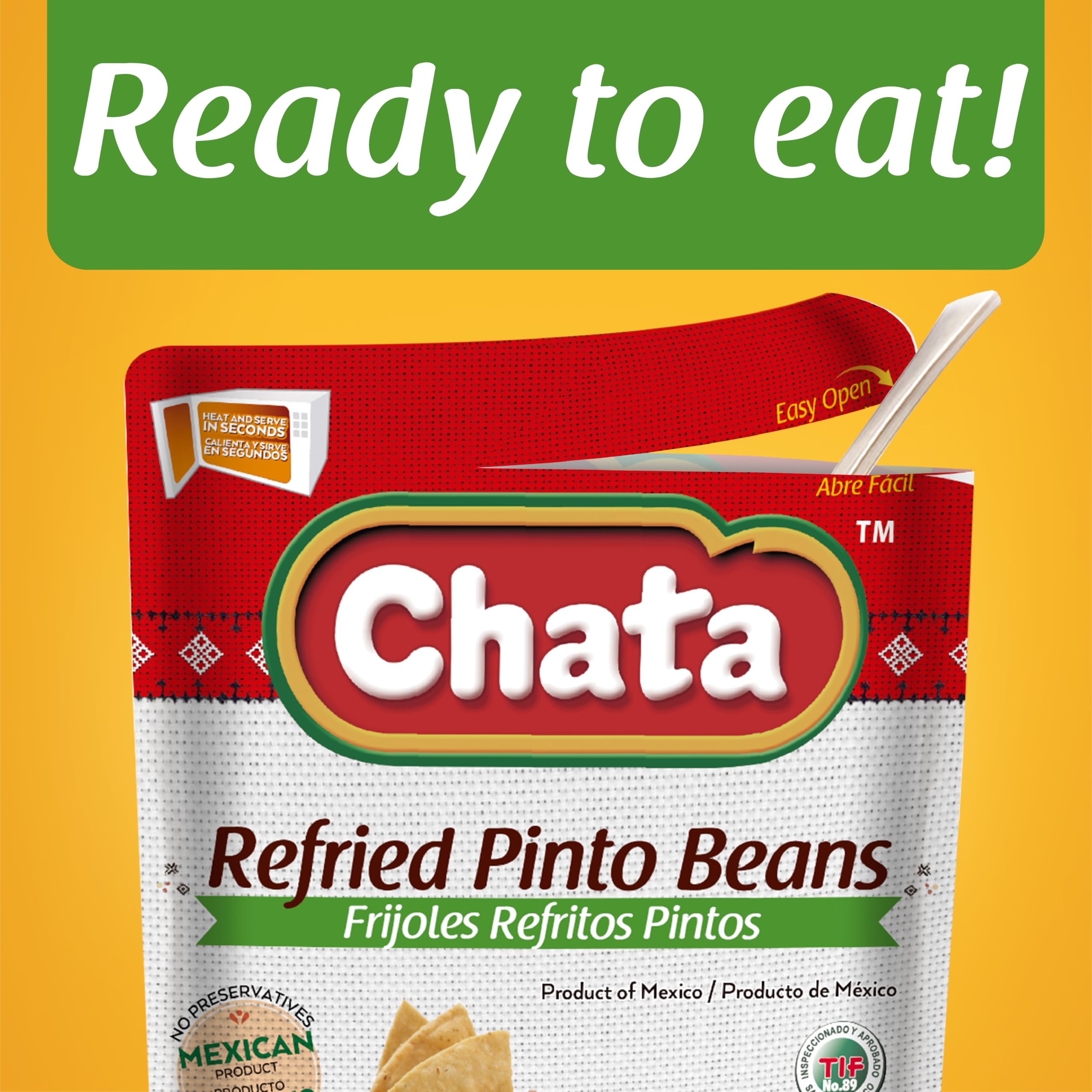 Chata refried pinto beans heat-and-serve close-up, quick weeknight option.