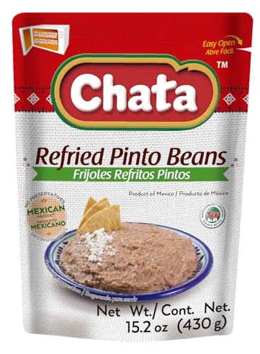 Chata refried pinto beans packaging, traditional recipe, convenient base for soups.