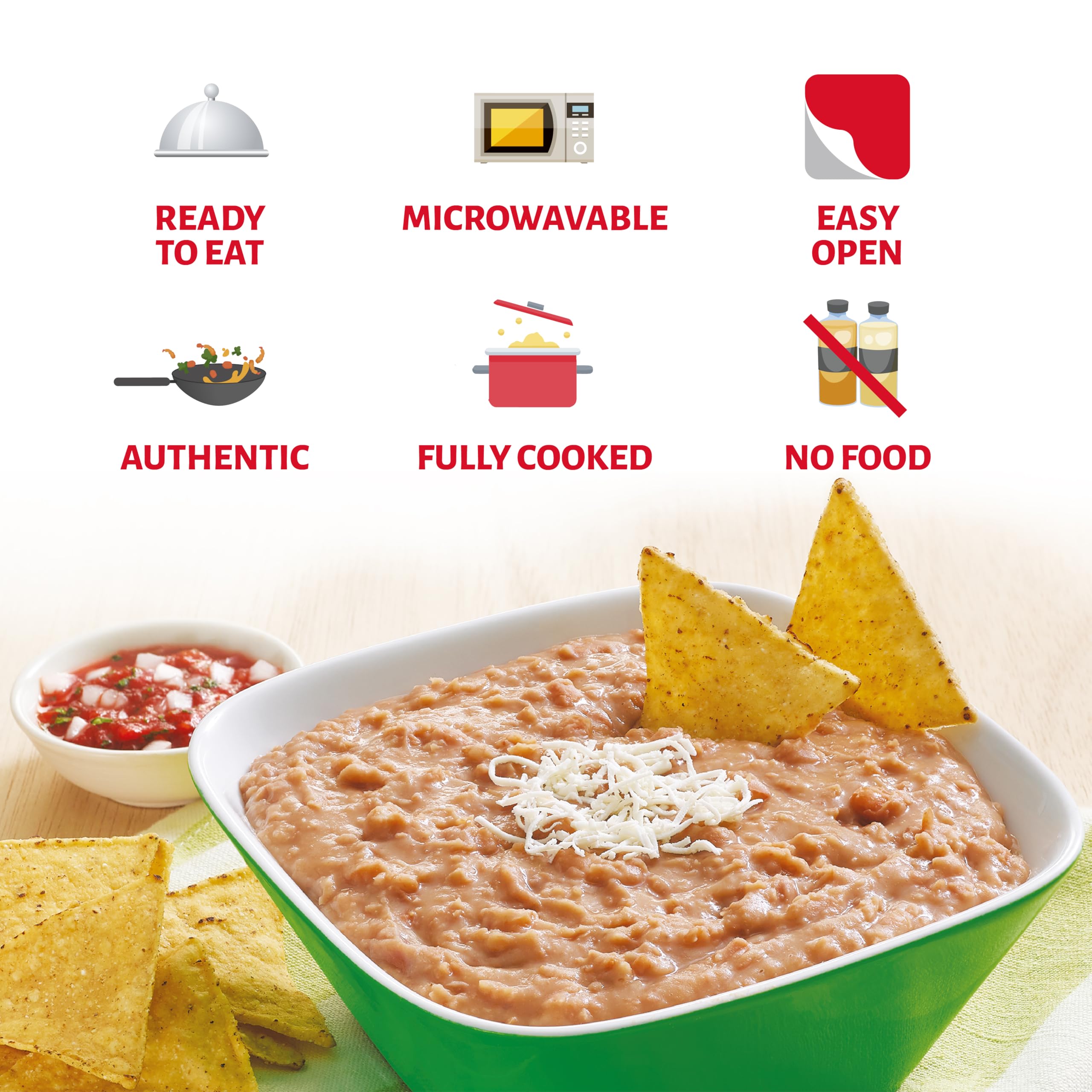 Chata refried pinto beans three-pack, perfect filling for tacos and burritos.