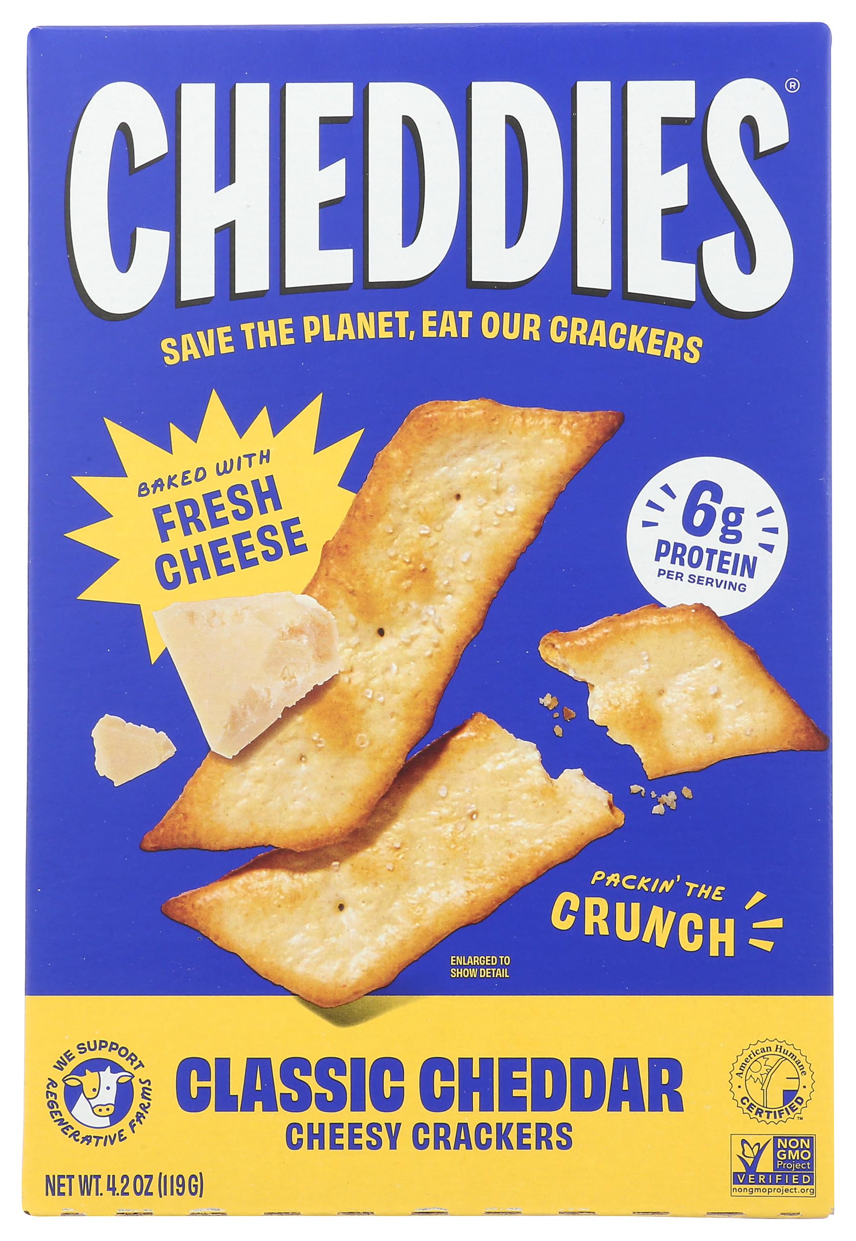 Cheddies classic cheddar crackers package shows premium ingredients and satisfying crunch.