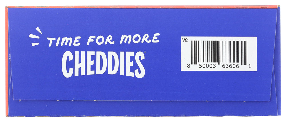 Cheddies Spicy Cheddar Crackers bag layout illustrating convenient pantry snack