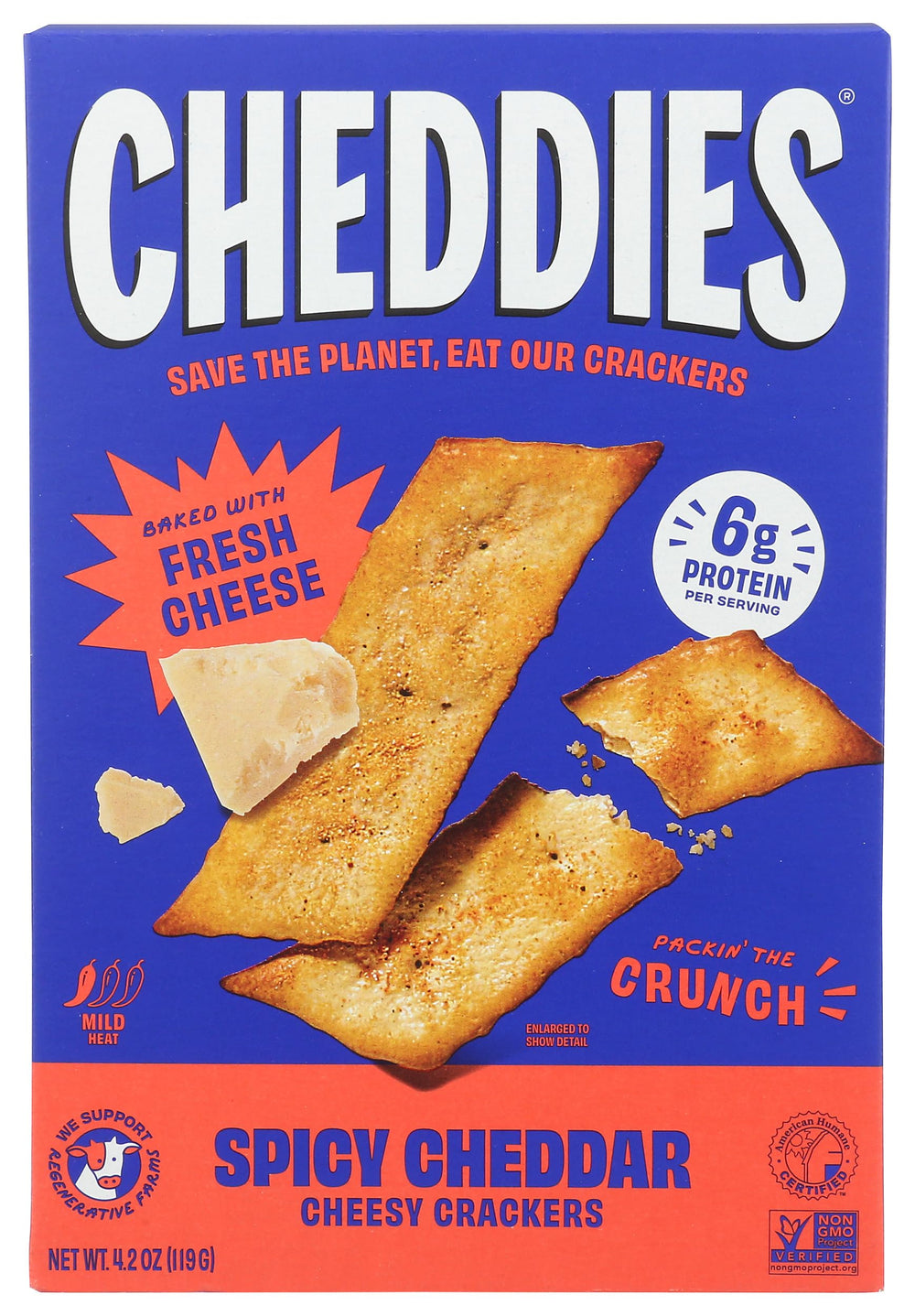 Cheddies Spicy Cheddar Crackers pack shot highlighting premium ingredients and snack appeal