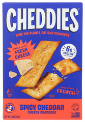 Cheddies Spicy Cheddar Crackers pack shot highlighting premium ingredients and snack appeal