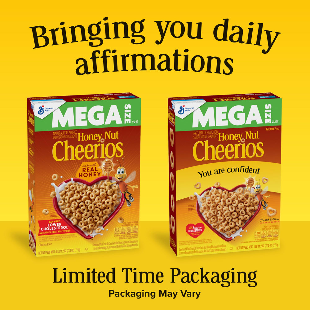 Close-up of Cheerios affirmations box with positive messages.