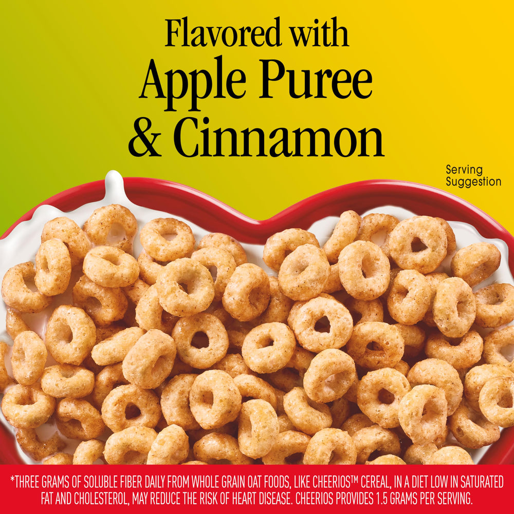 Cheerios Apple Cinnamon cereal with milk showcases wholesome oat goodness.