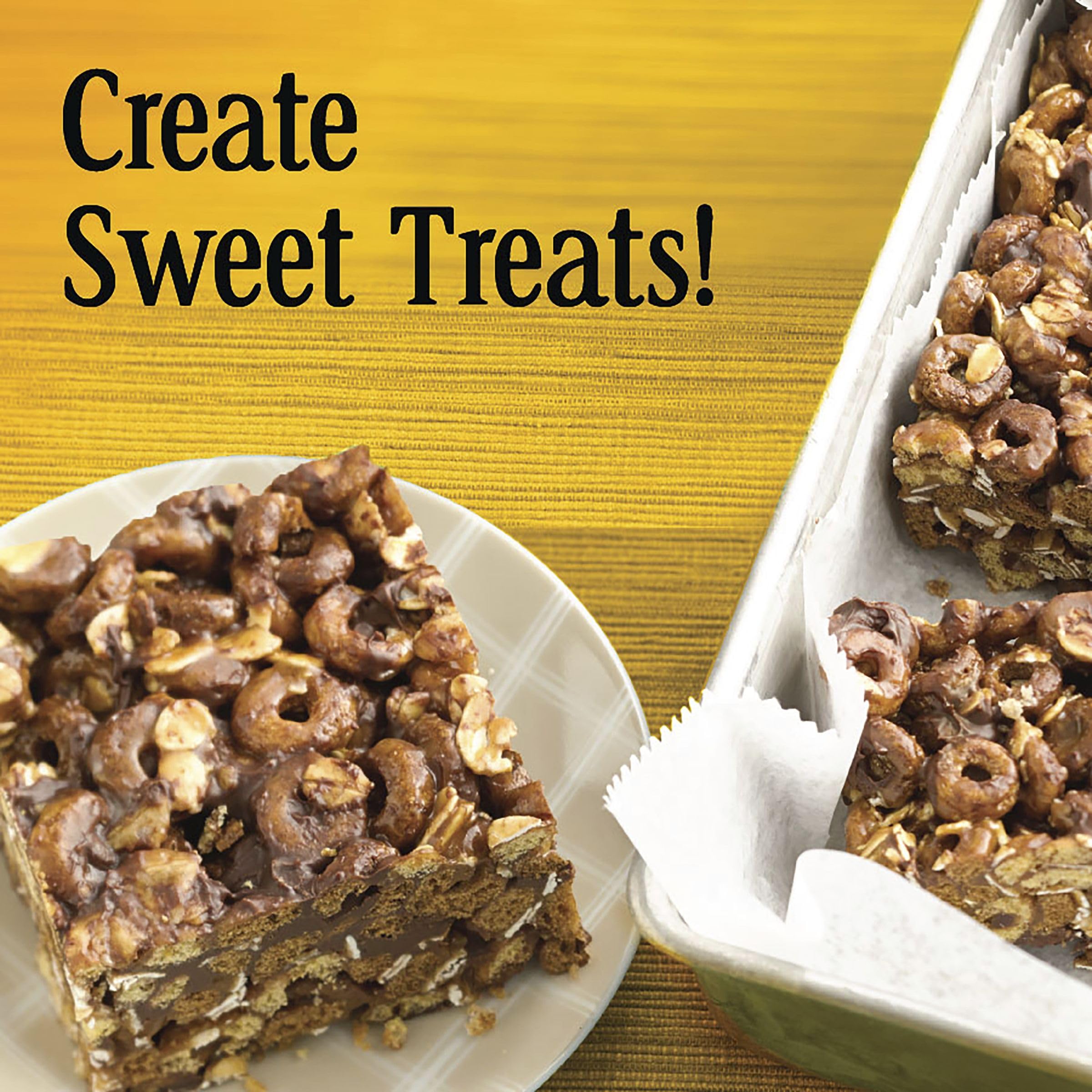 Pouring cocoa swirl on Cheerios Chocolate cereal to emphasize cocoa flavor.