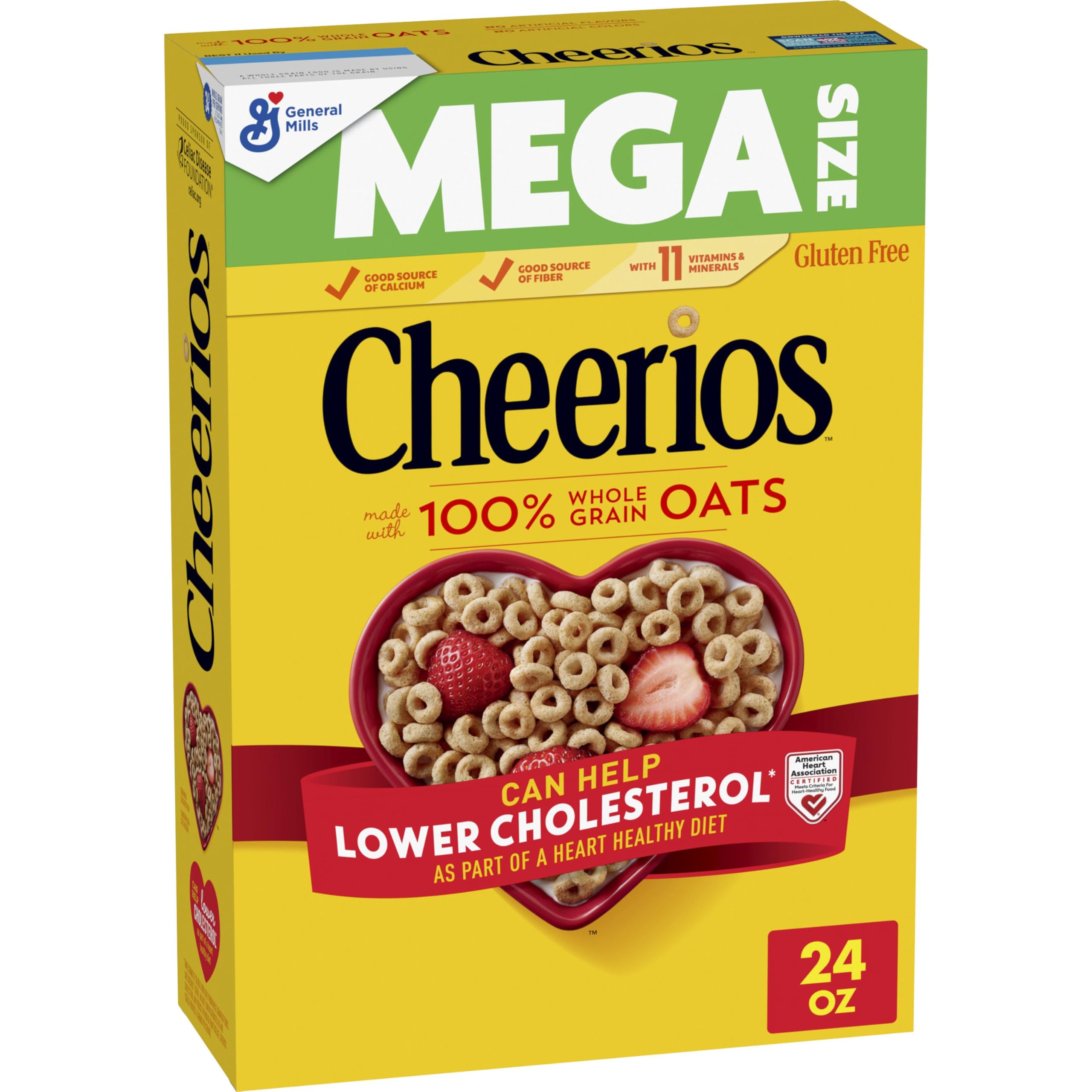 Cheerios Heart Shapes with affirmations on the box, gluten-free breakfast option.