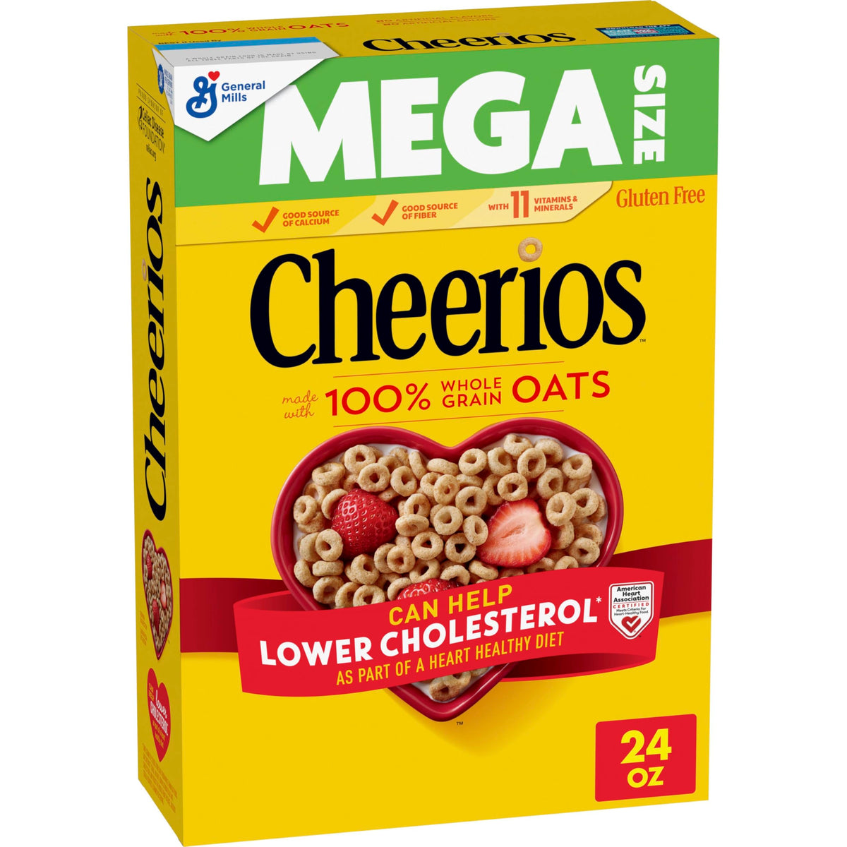 Cheerios Heart Shapes with affirmations on the box, gluten-free breakfast option.